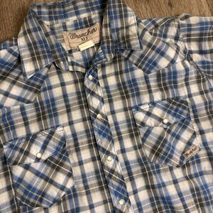 Wrangler Wrancher Shirt Mens XLT Western Plaid Short Sleeve Pearl Snap Blue